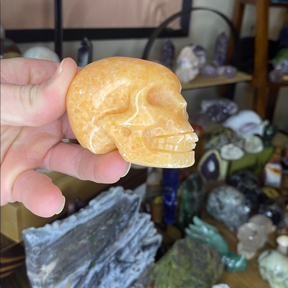Bright Polished Orange Calcite Skull Carving w/ Really Cool Inclusions